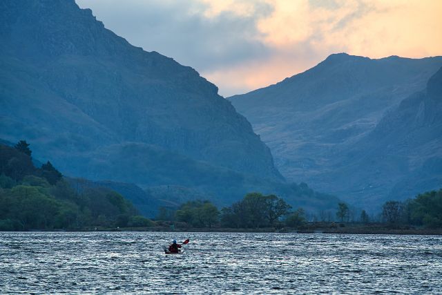 Kayaking in Snowdonia at dusk