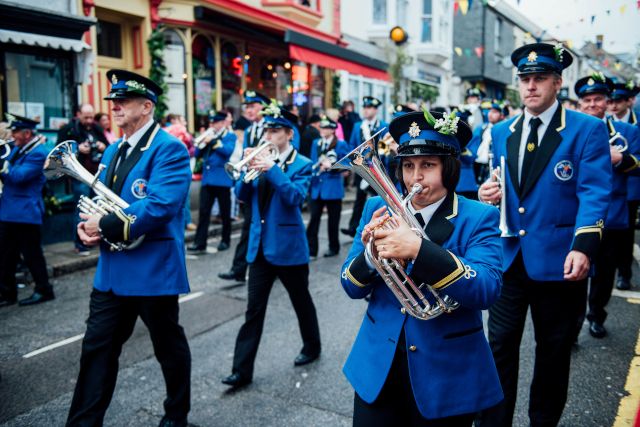 Band marching during the Helston Furry Dance